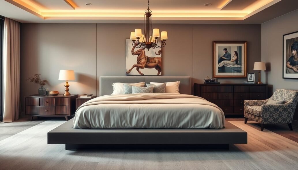 elegant modern bedroom with vintage touches